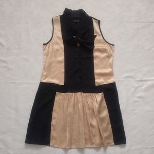 Drop waist silk neck tie pussybow color block retro style